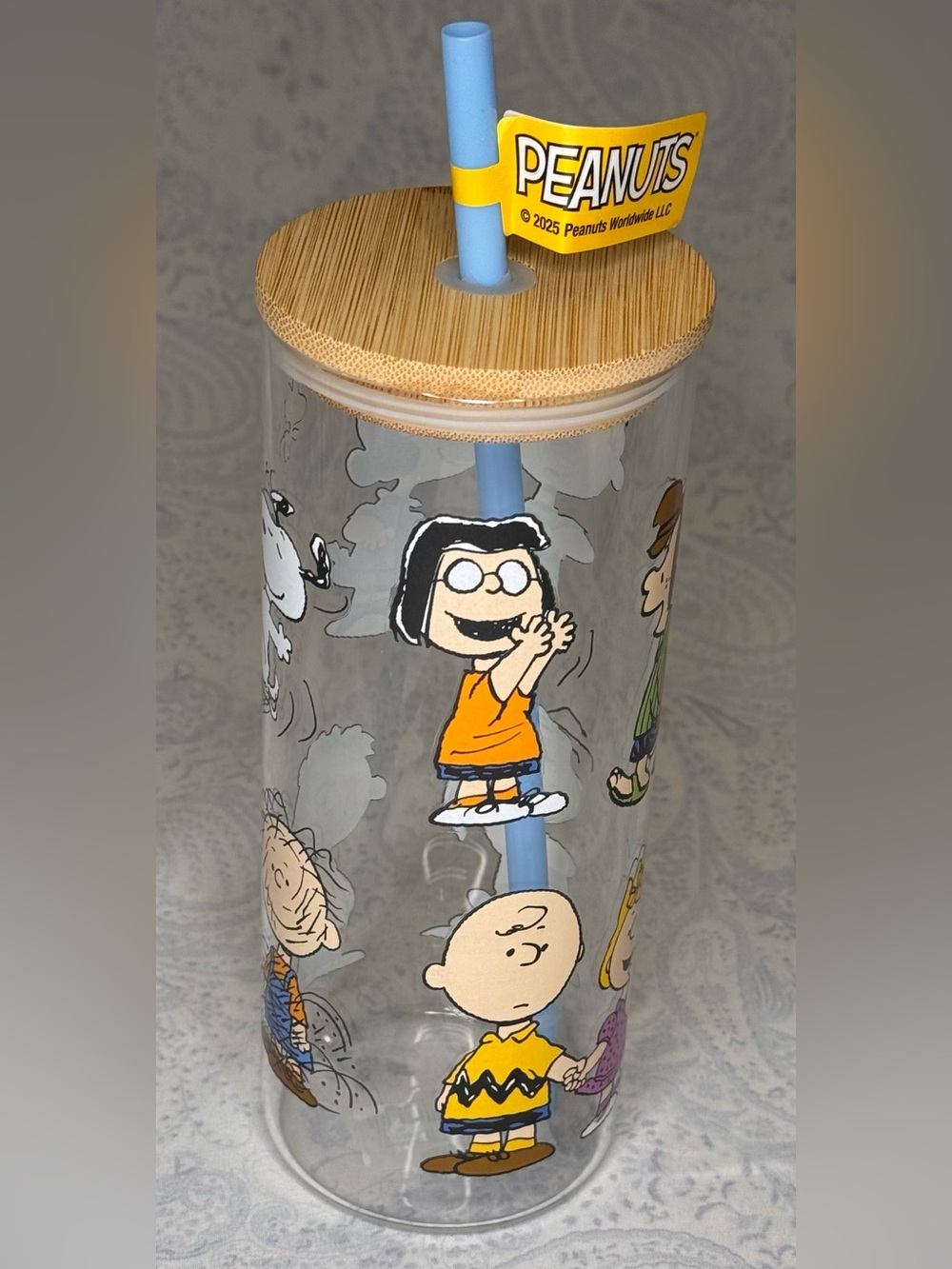 Peanuts Charlie Brown, Snoopy & Gang Glass Tumbler w/ Bamboo Lid, Plastic Straw